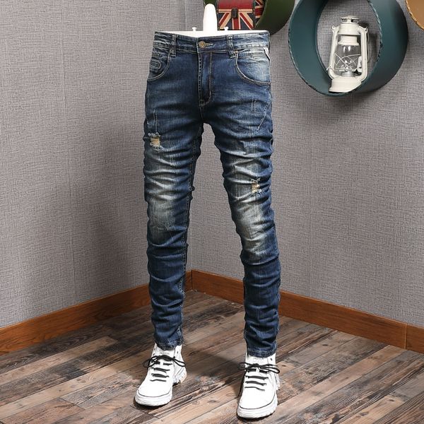 

2021 new italian style fashion men jeans retro blue elastic slim fit ripped denim trousers streetwear spliced vintage designer long pants h2