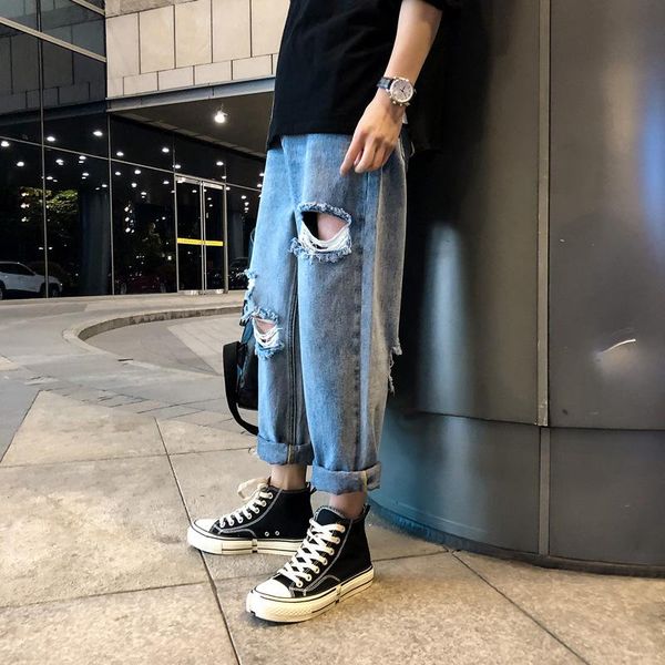 

men's jeans wholesale 2021 beggar ripped straight pants all-match loose washed cropped, Blue