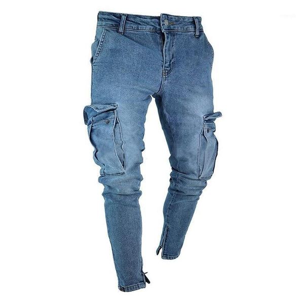 

mytl-men fashion hip casual thigh pockets stretch skinny jeans slim fit denim zipper feet pants trousers1, Blue