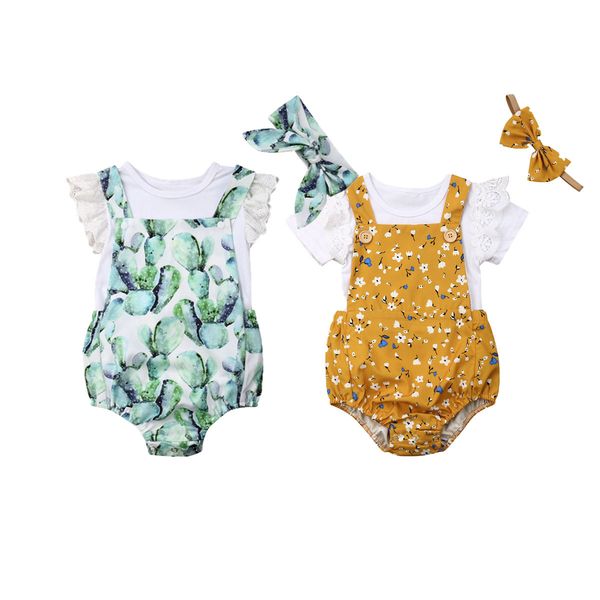

2021 0-24m newborn baby girls cactus floral print ruffles romper + short sleeve t-shirt outfit clothes summer baby clothing 1021, White
