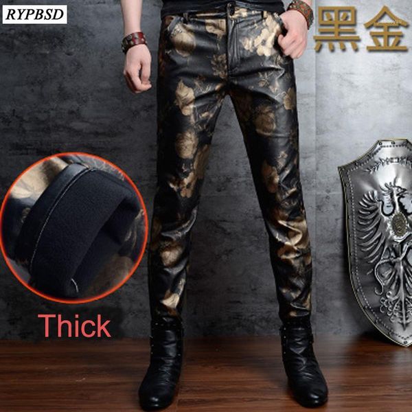 

autumn winter zipper mens leather pants plus velvet thick slim flower print fleece men faux leather trousers 28-361, Black
