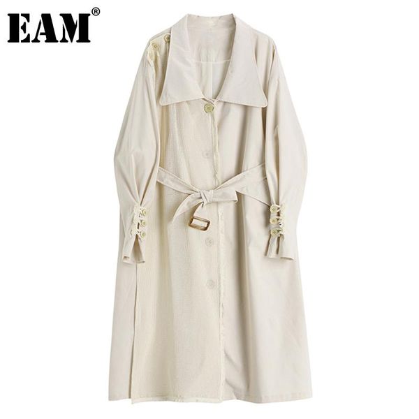 

eam] women big size wrinkled belt trench new lapel long sleeve loose fit windbreaker fashion tide spring autumn 2021 1dd3038, Tan;black