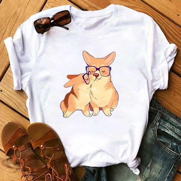 

new kawaii corgi t shirt women tshirt t-shirt harajuku ulzzang cute graphic printed funny korean style female tees, White