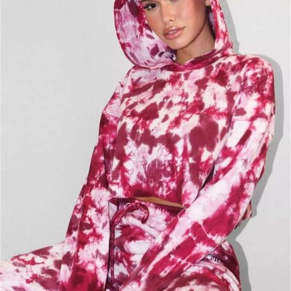 

sleeve winter long women's sweater pants autumn tie dye hooded casual sportswear two piece set 8028, Gray