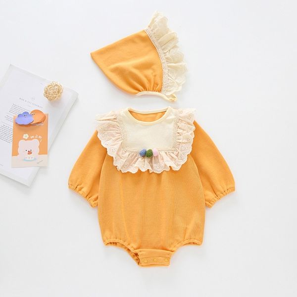 

2pcs baby girl long sleeve cotton romper with hat newborn infant princess spring summer jumpsuit clothes outfits q1111, White