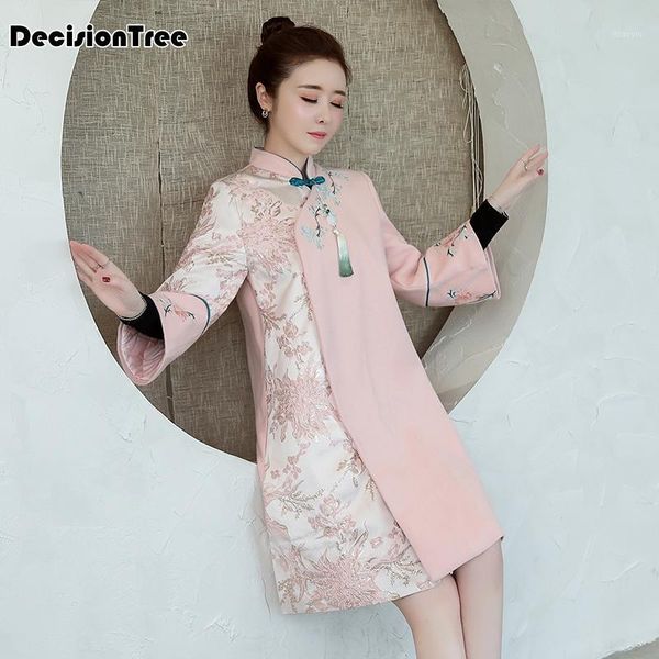

2020 chinese dress for women ao dai cheongsam floral embroidery mandarin collar oriental qipao long sleeve warm thick wool robe1, Red