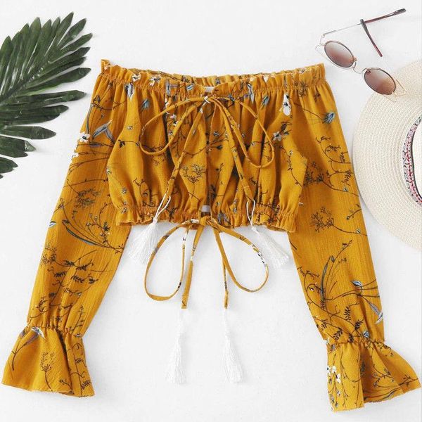 

off shoulder floral print spring summer women short t-shirts high street bownot long lantern sleeve tee crop 1, White