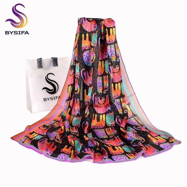 

bysifa black cats women shawl new accessories 100% silk long scarves wraps spring autumn scarf cape 180*110cm y201007, Blue;gray