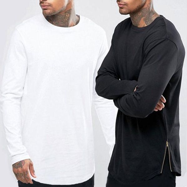 Новый хип-хоп Mens Basic T-рубашка Jongline Zipper дизайнер с длинным рукавом O-шеи сплошные футболки мужская кривая подол понусет на молнии Tee11