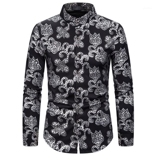 

men long sleeve shirts blouse 2019 fashion silver print casual button down dress shirts slim fit shirt men chemise homme, White;black