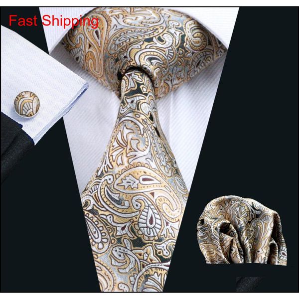

yellow paisely tie hanky cufflinks set mens silk jacquard woven formal business fashion leisure qylfle new_dhbest, Black;blue