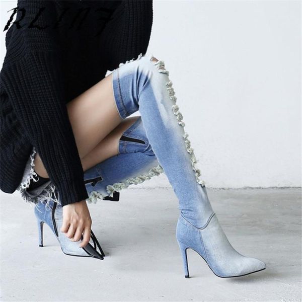 

rlinf over the knee thigh high boots denim stretch boots, Black