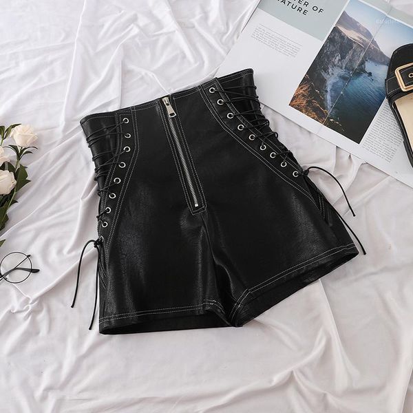 

high waist zipper shorts women autumn winter fashion 2020 pu shorts laides black bandage trousers short femme1, White;black