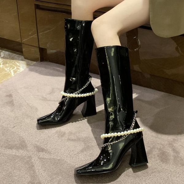 

brand new мода осень зима обувь сапоги модный pearls бисероплетение площадь высоких каблуки офис дама колено высокие сапоги женщины, Black