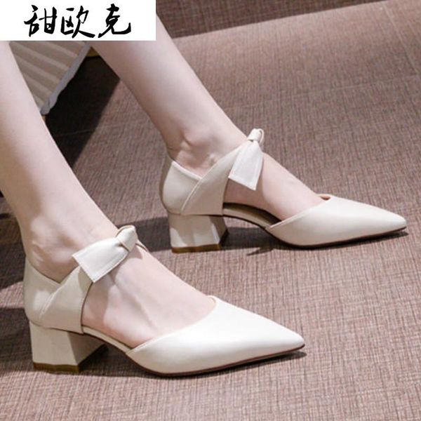 

2021 fashion woman shoes walking comfort bow spring woman elegant casual high heels pointed square heel heel shoes, Black