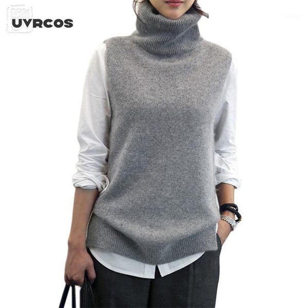 

uvrcos women's knitted cashmere wool turtleneck vest side slit winter female wool sweater sleeveless waistcoat vogue1, Black;white