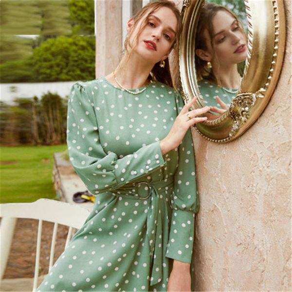 

2021 new autumn polka dot print sleeve long irregular belt in female dress qr53, Black;gray