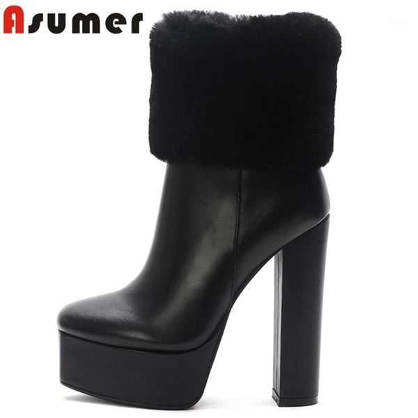 

asumer 2020 genuine leather ankle boots women super high heel platform shoes zip autumn winter boots ladies1, Black
