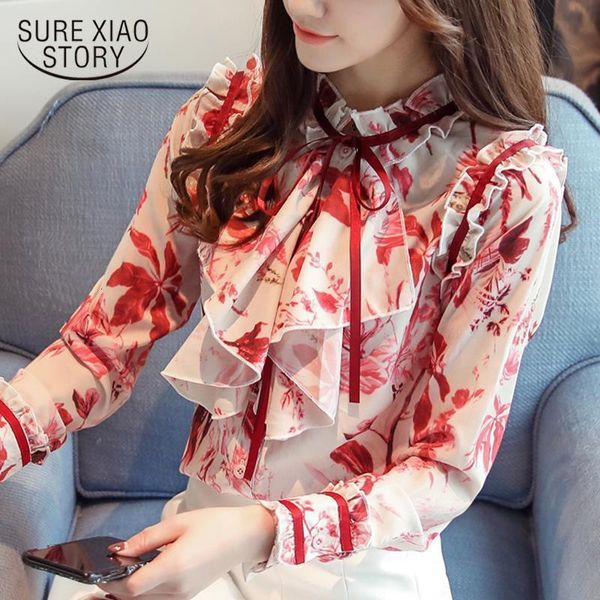 

fashion womens and blouses 2021 womens clothing print chiffon blouse sleeveless shirt long sleeve women shirts office blouse 2542 50, White