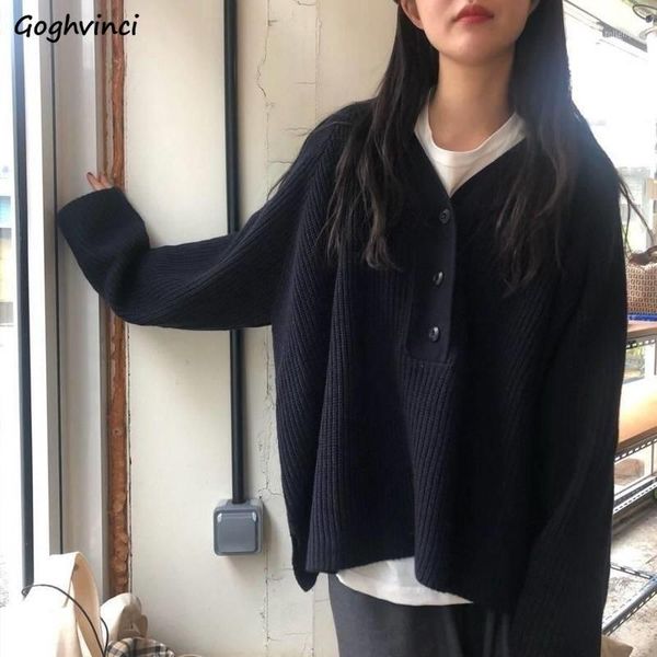 

women pullovers solid loose sweater v-neck buttons knitted korean style elegant casual simple fashion ulzzang female outwear ins1, White;black