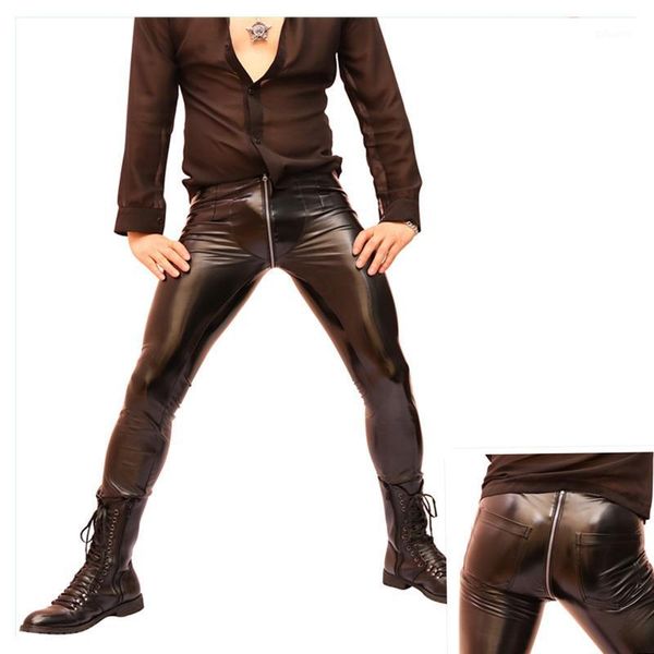 

men pants faux leather trousers zip crotch slim tight stretchy bar stage nightclub stylish1, Black