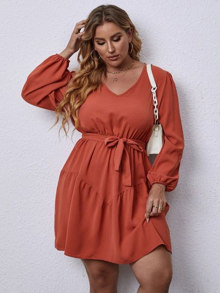 

plus lantern sleeve ruffle hem belted dress s7li#, Black