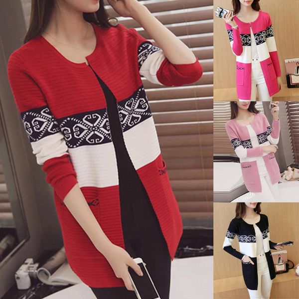 

womail autumn jacket women 2020 printed loose striped cardigan long sleeve o-neck casual outdoor fashion sweater, Black;brown