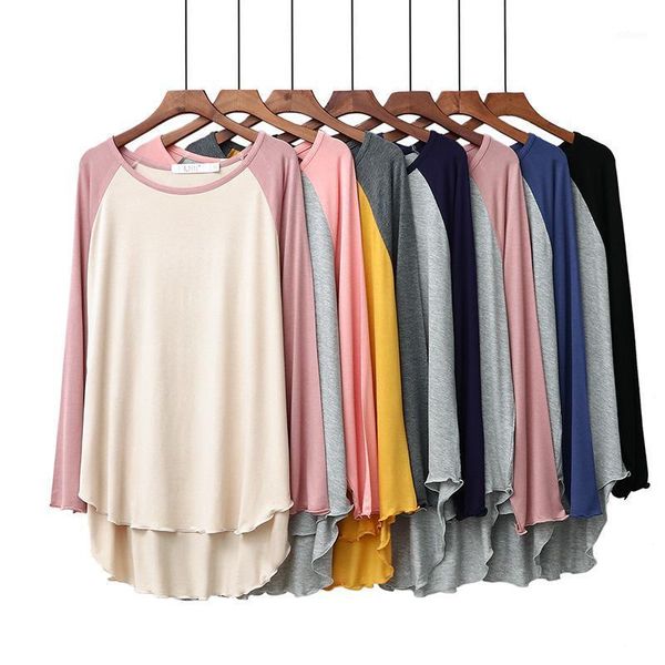 

new modal spring autumn women's pajamas thin section round neck casual comfortable raglan hit color long-sleeved t-shirt1, Black;red