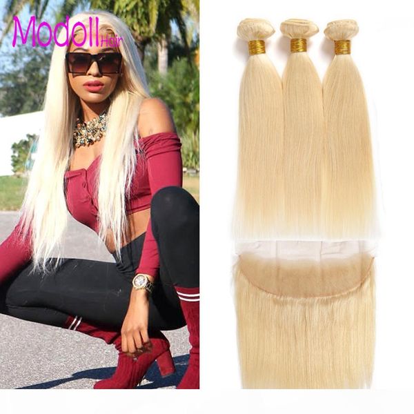 

10a grade 613 blonde bundles with frontal pre plucked straight raw virgin indian hair honey platinum blonde bundles with closure remy hair, Black;brown