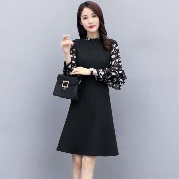 

9ie5y autumn and spring dress mid long 2020 new women's dress temperament version slim show thin dressskirt a-line splicing floral form, Black;gray