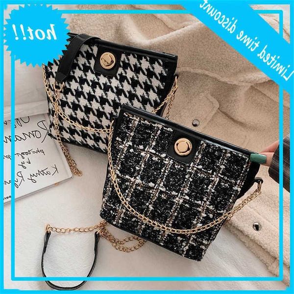 

chic small women's 2019 new autumn and winter fashion woollen chain single shoulder bag korean version thousand bird lattice
