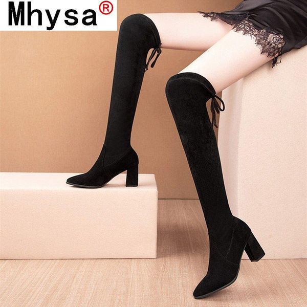 

2020 fashion warm women boots winter over the knee heels quality suede long comfort square botines mujer thigh high boots, Black