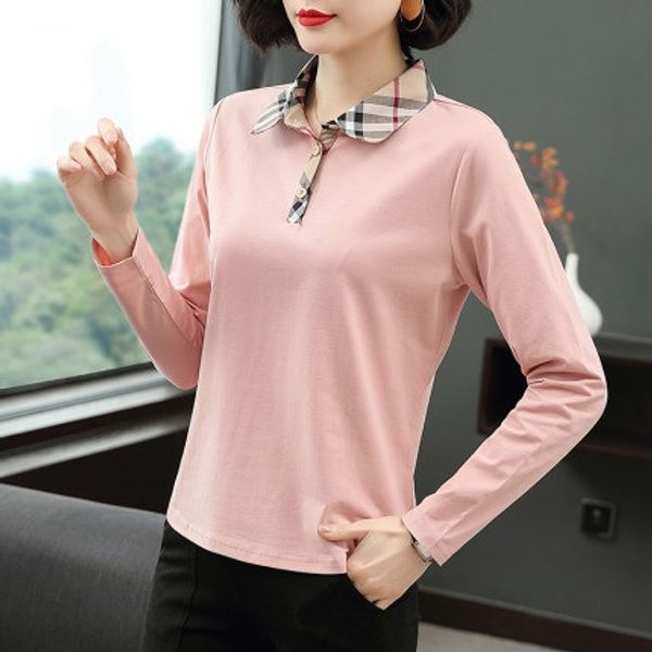 

korean version of 2020 spring and autumn new small lapel cotton long sleeve t- shirt shirtt-shirt for women's loose middle-aged mother, White