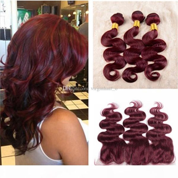 

99j peruvian human hair with 13*4 lace frontal 4pcs lot burgundy body wave with frontals wine red wavy hair bundles with frontal closure, Black