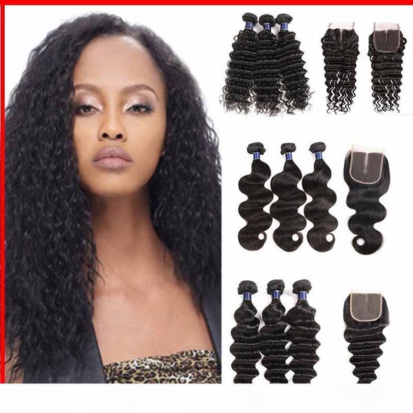 

малазийский девы волос straight тела вода deep сыпучие wave natural black 3 связки с 4x4 шнурка закрытие remy индейца человеческих волос, Black;brown