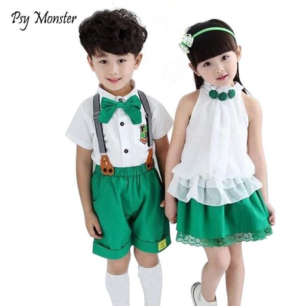 

clothing sets kids summer school uniform class suit bow t-shirt skirt bib pants 2pcs baby boy girl choral uniforms children set c001, White