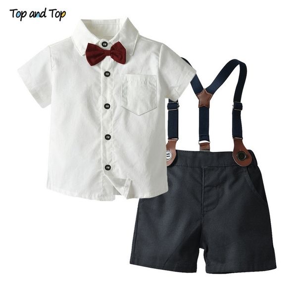 

and boys fashion clothes baby boy shorts set short sleeve white shirt +suspender pants infant gentleman suit y200803