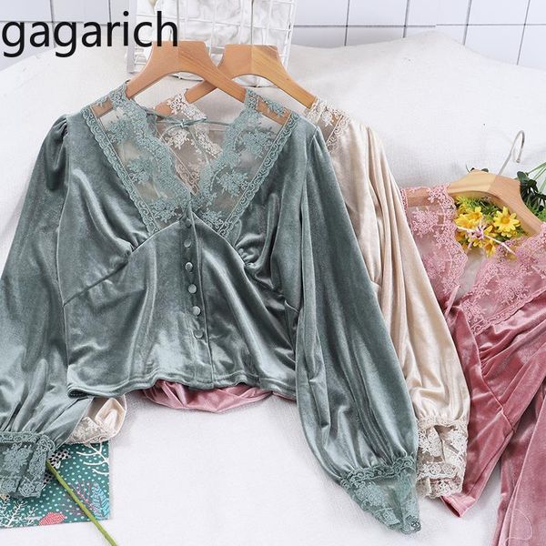 

women french vintage shirts spring lady lace edge v neck long sleeve short femme solid velour blouse, White