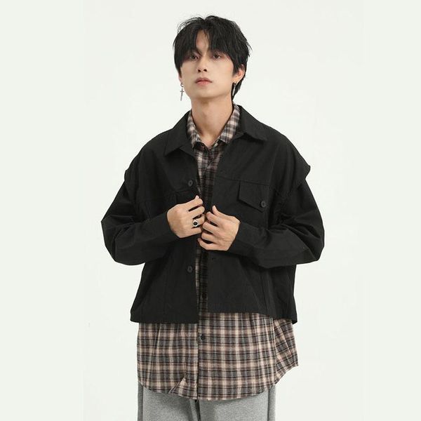 

men 2 pcs sets shirt+vest high street hip hop loose long sleeve casual plaid shirt jacket male women loose coat outerwear1, Black;brown