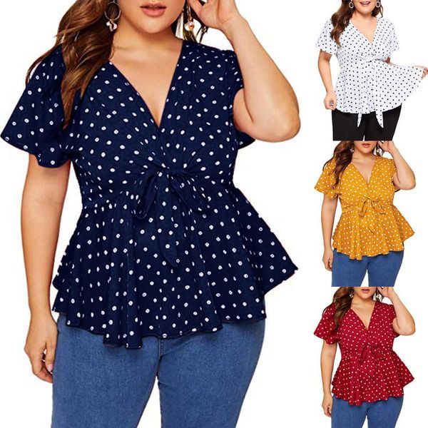 

new plus size blouses women's solid color clothes v neck work shirts short sleeve shirt women belted knot blouse female, White