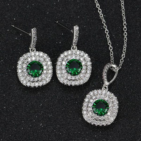 

fashion jewelry set round shape stud earrings and pendant necklace jewelry set for women crystal cubic zircon trendy mothergift, Silver