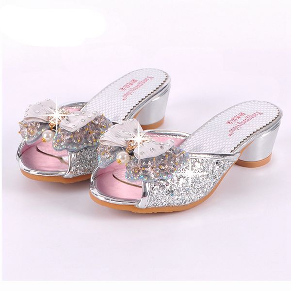 

girls summer sandals sequined princesse children high heel party dress shoes leather slipper for kids slides b45, Black;red