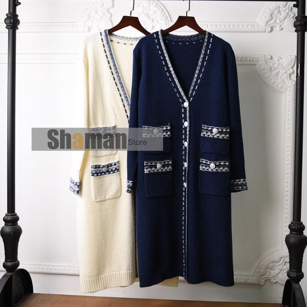 

women's knits & tees high end paris designer winter clothes long sweater fall 2021 cardigan women vintage v neck cashmere elegant woman, White