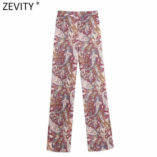 

zevity women vintage paisley flower print straight pants femme elastic waist trousers ladies retro casual pocket chic pants p891 1020, Black;white