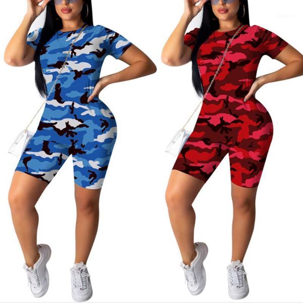 

yoga outfits women comfortable 2 piece set camouflage outfit short sleeve print t-shirts bodycon shorts sets tracksuits1, White;red