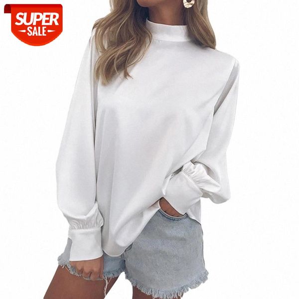 

2020 women turtle neck long puff sleeve solid color button loose chiffon blouse leisure blouse fashion office shirt casual #fj9l, White