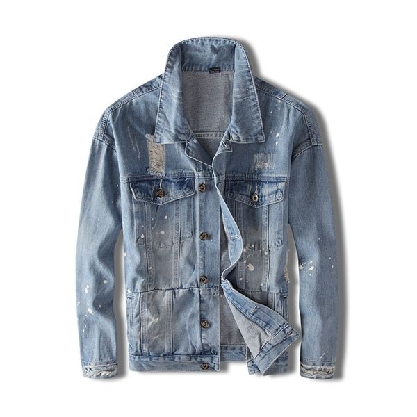 

moruancle men destroyed painted jean jackets with holes hi street ripped printed denim trucker jacket outerwear washed blue c1108, Black;brown