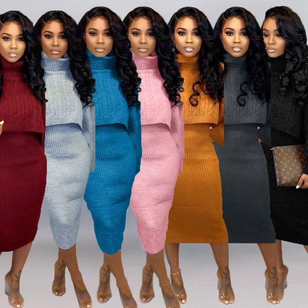 

fashion turtleneck long sleeve knit sweater dress two piece set women clothing
