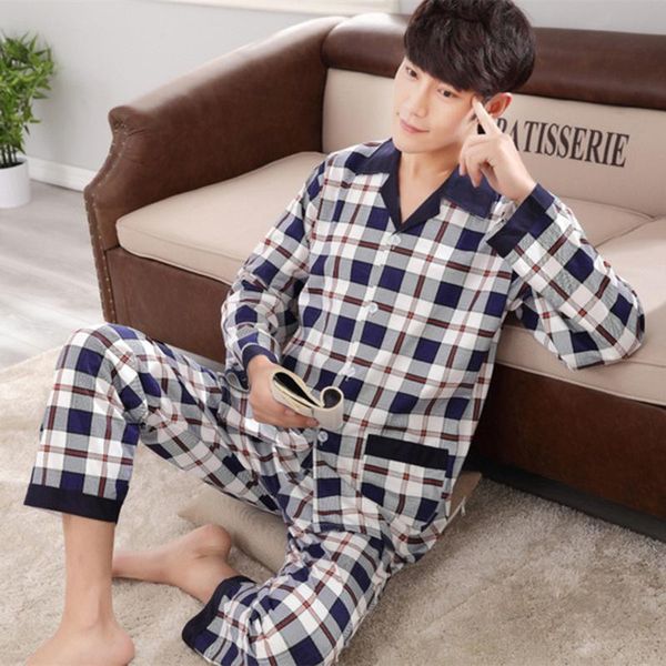 

dihope men set cotton spring long sleeve plaid men pajama suit nightwear collar pijama male sleepwear two piece xxxl, Black;brown