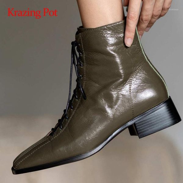 

krazing pot 2020 winter new boots natural leather fashion square toe thick med heel lace up keep warm gorgeous ankle boots l461, Black